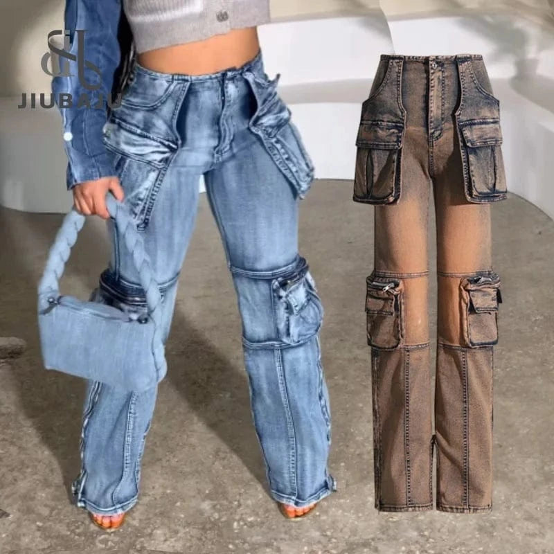 Big Pockets Patchwork Cargo Denim Pants Women 2023 Fashion High Waist Straight Wide Leg Jeans Harajuku Oversized Trousers