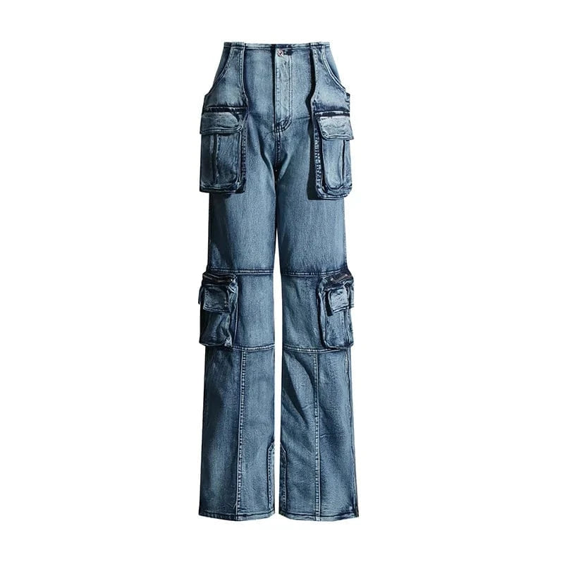 Big Pockets Patchwork Cargo Denim Pants Women 2023 Fashion High Waist Straight Wide Leg Jeans Harajuku Oversized Trousers