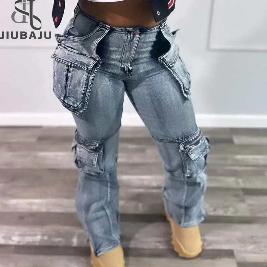 Big Pockets Patchwork Cargo Denim Pants Women 2023 Fashion High Waist Straight Wide Leg Jeans Harajuku Oversized Trousers