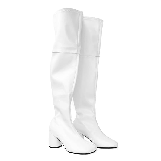 Big sexy booty Winter Autumn women's thigh high boots Square head chunky Thick heel zipper white knee leather ladies shoes