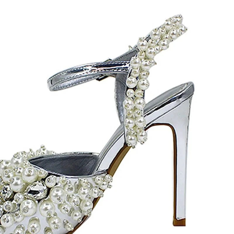 Big Size 46 Elegant Pearls Women Dress High Thin Heels Ankle Buckles Stiletto Shoes Lady Sexy Summer Open Toe Sandals