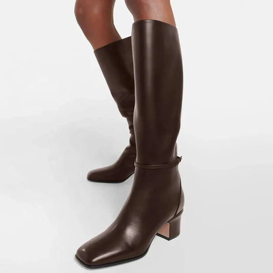 Big Size 46 Solid Wide Fit Women's Knee High Boots Ladies Low Chunky Heels Shoes Real Leather Side Zipper Long Booties