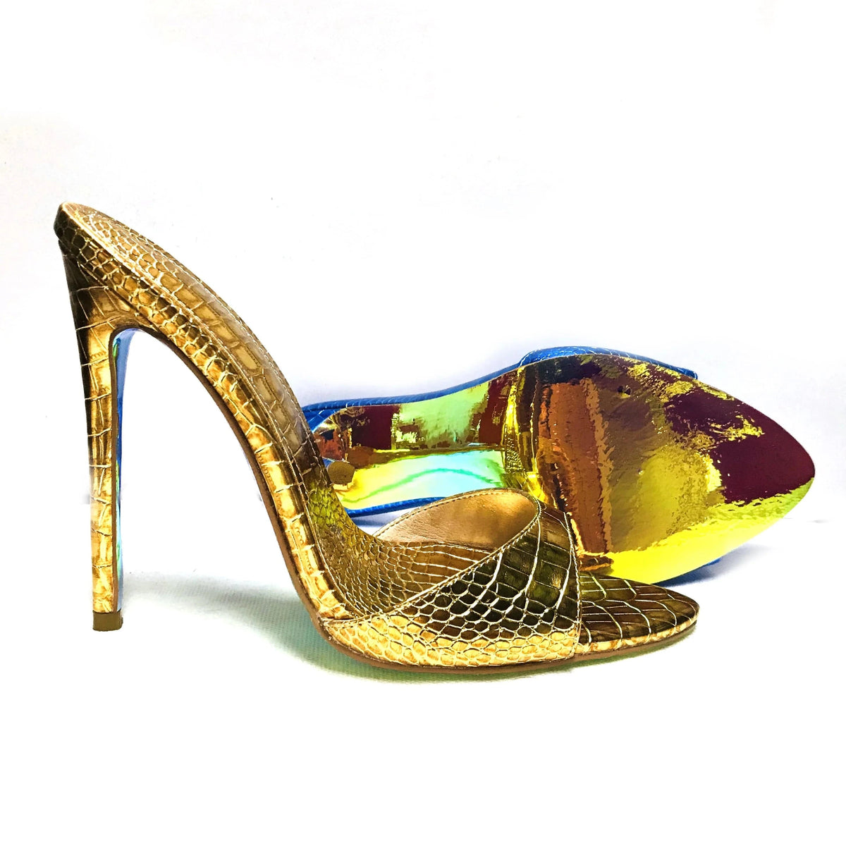Big size sexy women sandal metal croc PU leather pointed toe stiletto high heel stiletto slipper sandal