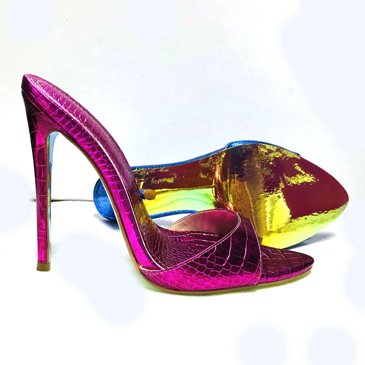 Big size sexy women sandal metal croc PU leather pointed toe stiletto high heel stiletto slipper sandal