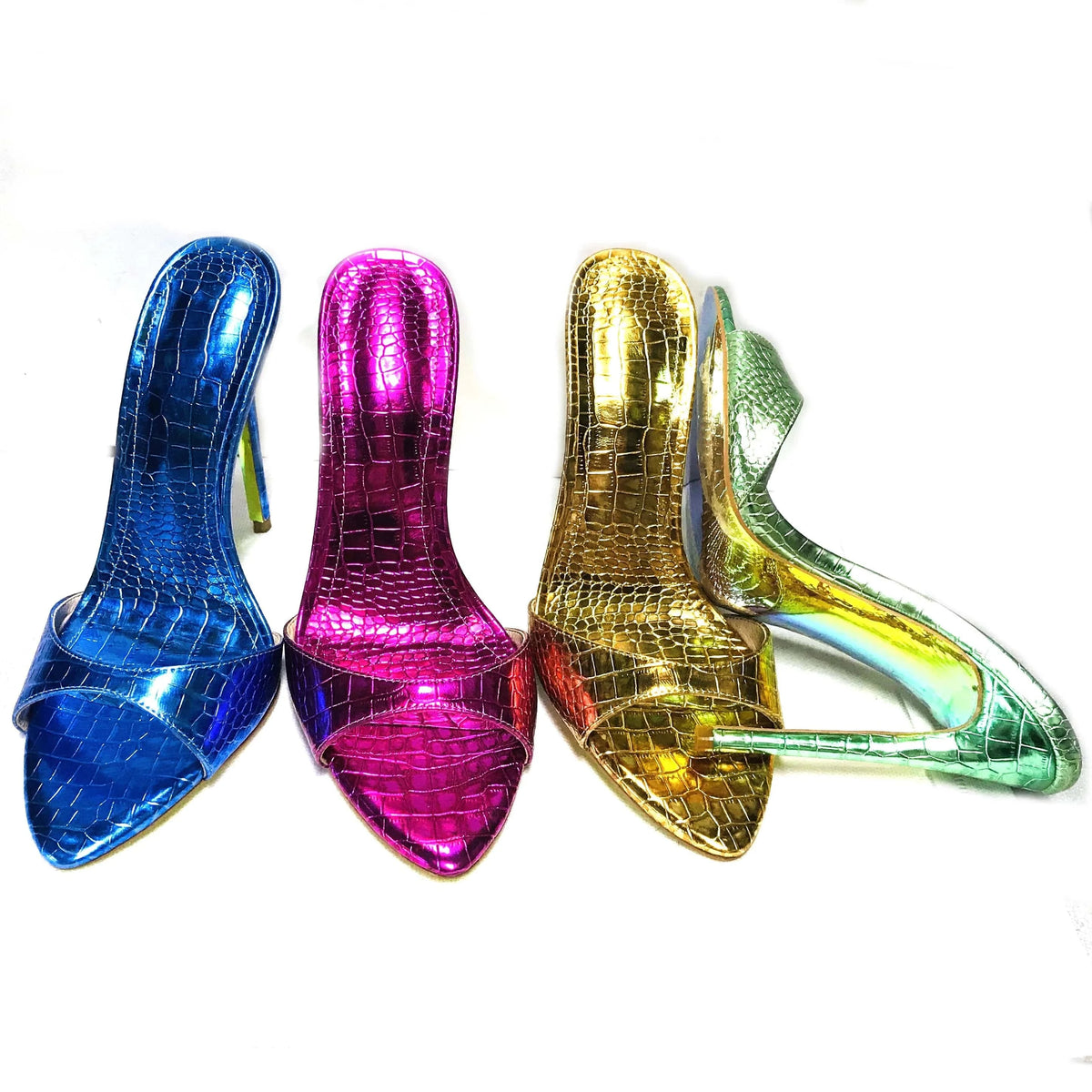 Big size sexy women sandal metal croc PU leather pointed toe stiletto high heel stiletto slipper sandal