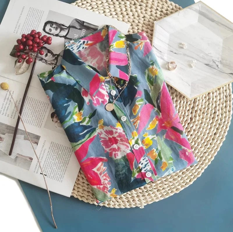 Birdtree Woman Floral Shirts 30%Silk 70%Cotton Long Sleeves Tops French Style Printed Blouses 2024 Spring Autumn T36569QMY