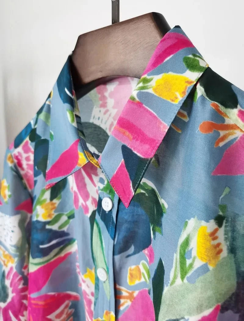 Birdtree Woman Floral Shirts 30%Silk 70%Cotton Long Sleeves Tops French Style Printed Blouses 2024 Spring Autumn T36569QMY