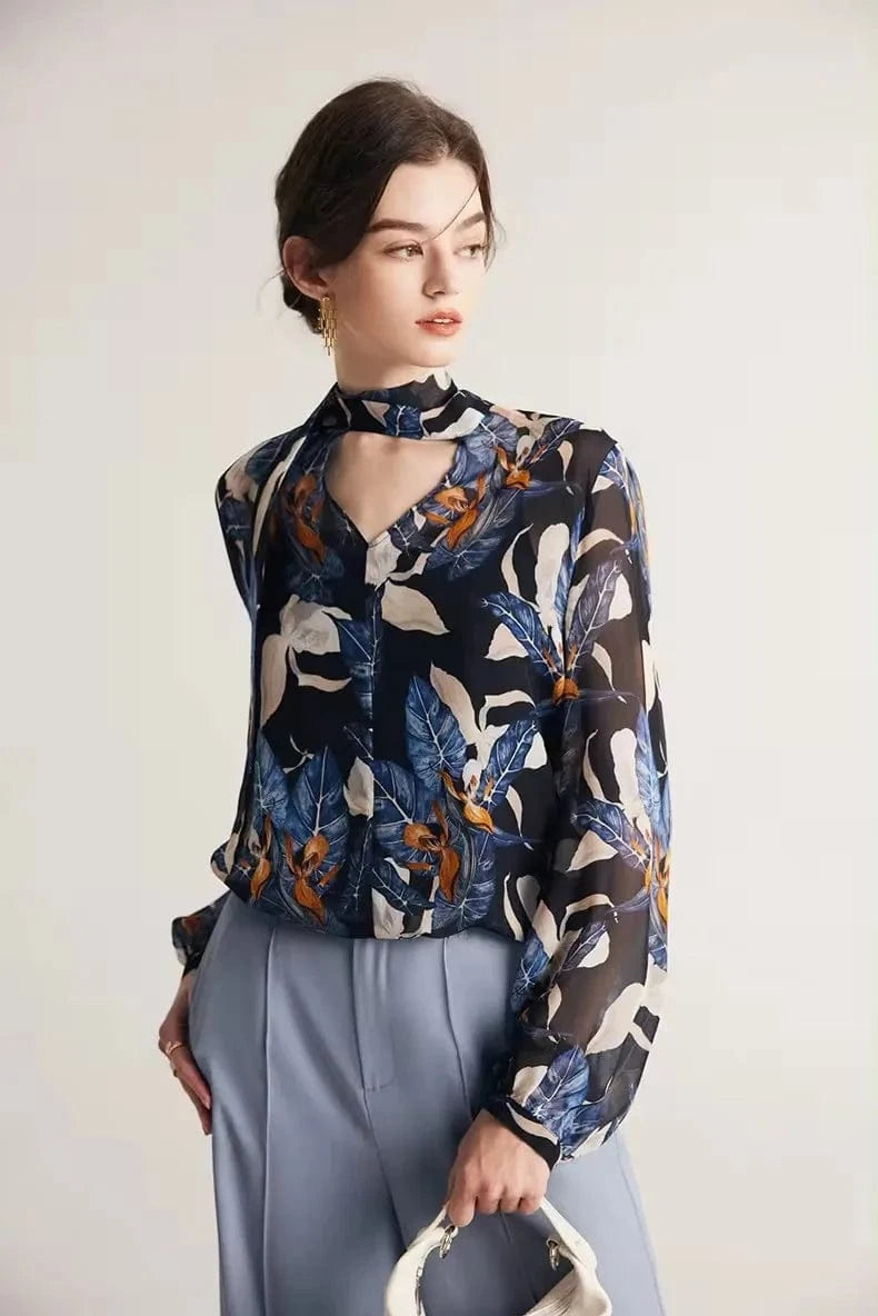 Birdtree Women Printed Blouses 40%Silk 60%Viscose Bow Tie Long Sleeves Transparent Shirts 2024 Spring Autumn Tops T36773QCY