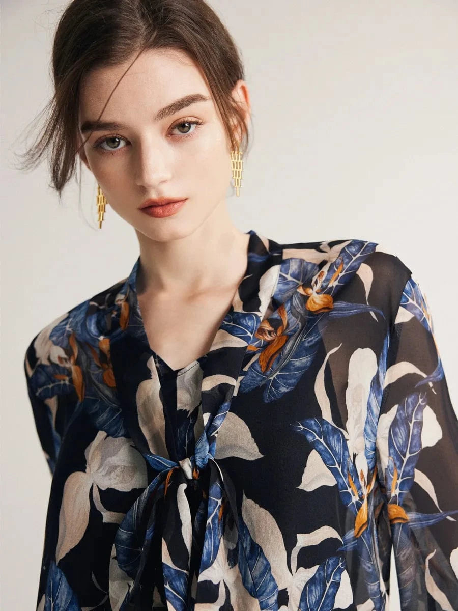 Birdtree Women Printed Blouses 40%Silk 60%Viscose Bow Tie Long Sleeves Transparent Shirts 2024 Spring Autumn Tops T36773QCY