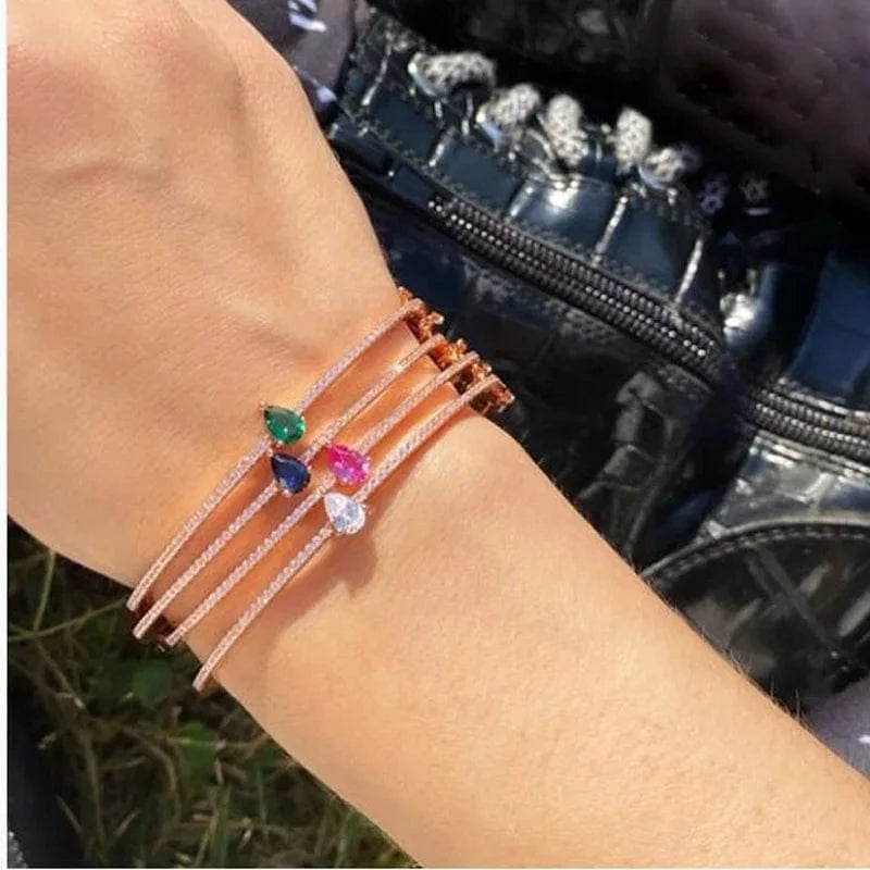 birthstone colorful water drop cubic zirconia sparking bling jewelry clasp clip cz bangle for women