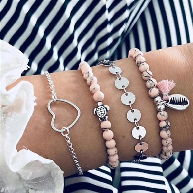 BJ076 Fashion Shell Star Map Lotus Pineapple Heart Natural Stone Beads Chain Bracelet Set For Women Boho Jewelry Wholesales Price