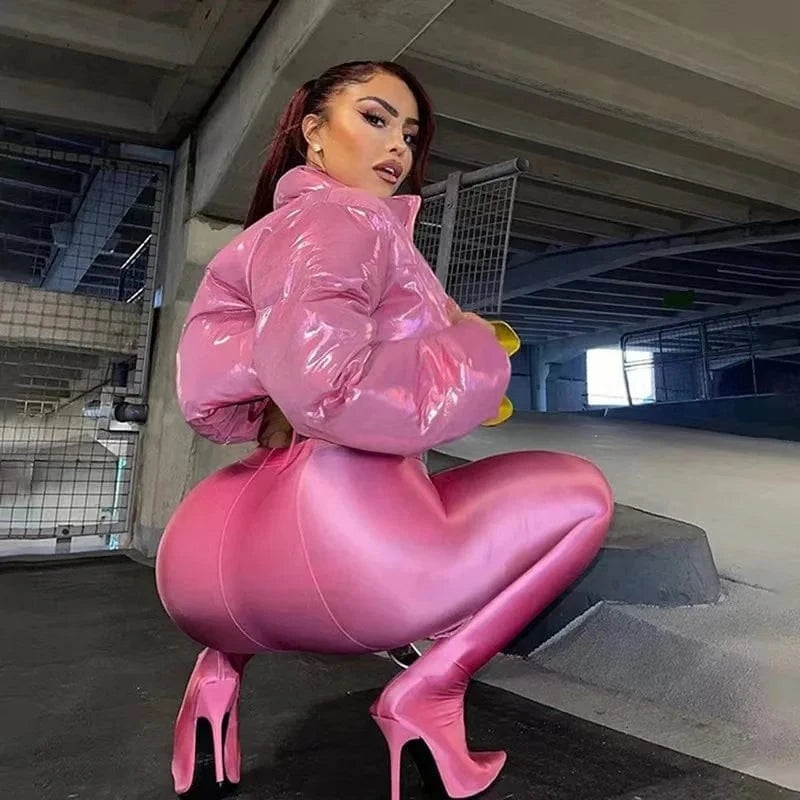 BKQU Y2k Fairy Thick Puffer Jackets Winter Warm Bubble Coats Women Long Sleeve Stand Collar Zipper Parkas Down Cropped Coat 2024