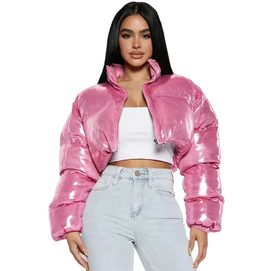 BKQU Y2k Fairy Thick Puffer Jackets Winter Warm Bubble Coats Women Long Sleeve Stand Collar Zipper Parkas Down Cropped Coat 2024