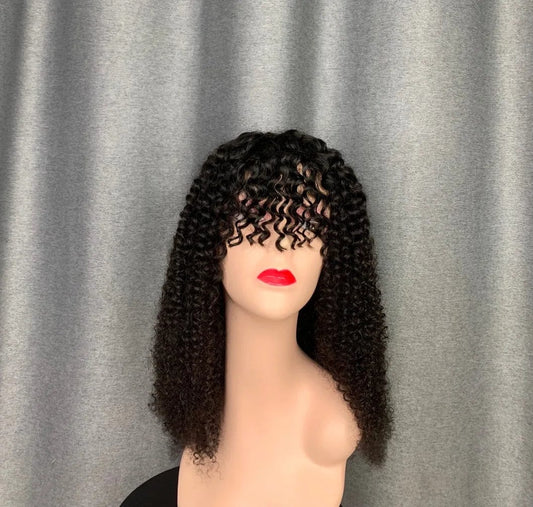 Black / 24 Inches Ross Pretty wholesale cheap price virgin hair fringe wig machine made kinky curly bang human hair wigs