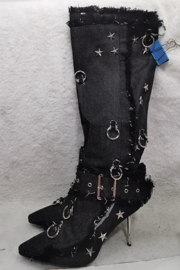 black / 35 / CHINA Fringe Belt Buckle Boots Knee High Stars Pointed Toe Thin Heels Solid Color Fashion Concise Novelty Sexy Party Women Shoes New