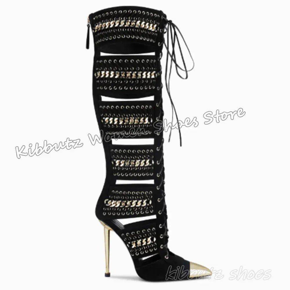 black / 35 / CHINA Hollow Sandal Boots Knee High Denim Cloth Patchwork Lace-Up Mixed Color Fashion Elegant Concise Sexy Women Shoes New Pointy Heel