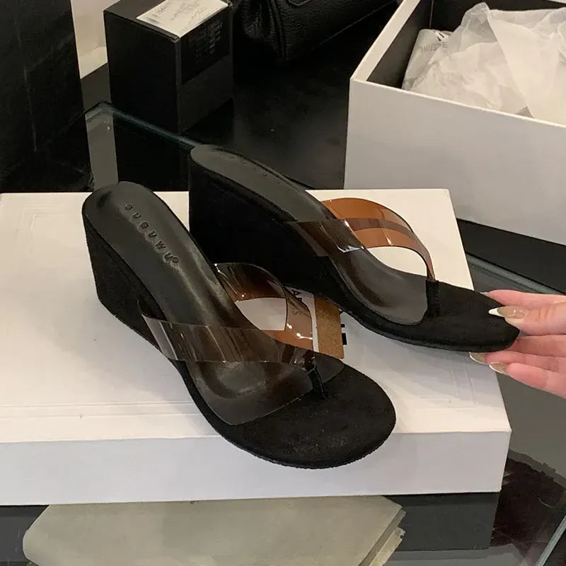 black / 35 Fashion Transparent Women Wedges Slippers Shoes Female Flip flops Sandals Slides Round Toe Ladies Wedges Slippers Shoes Pumps