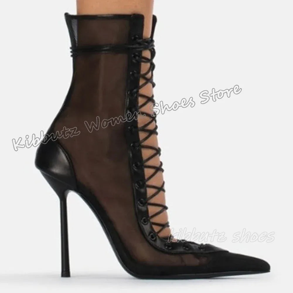 black / 35 Lace-Up Sandal Ankle Boots Mesh Leather Solid Color Fashion Elegant Luxury Concise Sexy Party Dress Women Shoes New Pointy Heels