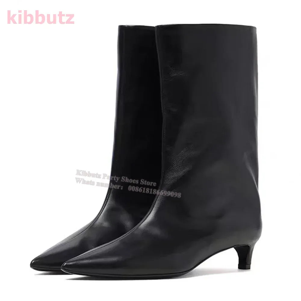 black / 36 / CHINA Novelty Leather Mid Calf Boots Chelsea Pointed Toe Kitten Heel Wide Mouth Sleeve Slip-On Solid Color Fashion Sexy Elegant Women