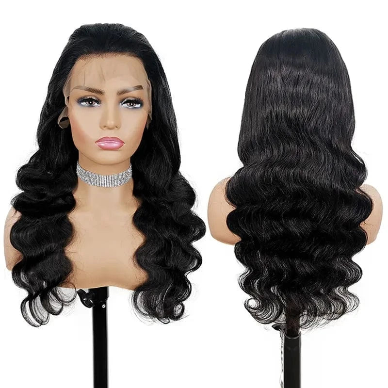 Black / 38 Inches Custom All Size 13*4 Body Wave Human Hair 180% Density Brazilian Virgin Hair Transparent Lace Front Wig For Women