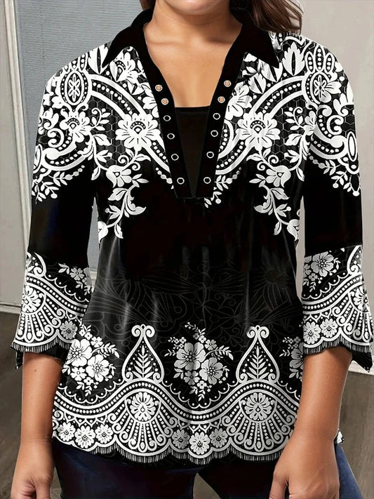 Black / 3XL Plus Size Women's Flower Print Irregular Cuff T-Shirt Spring and Autumn Casual Quarter Sleeve Tops Women's