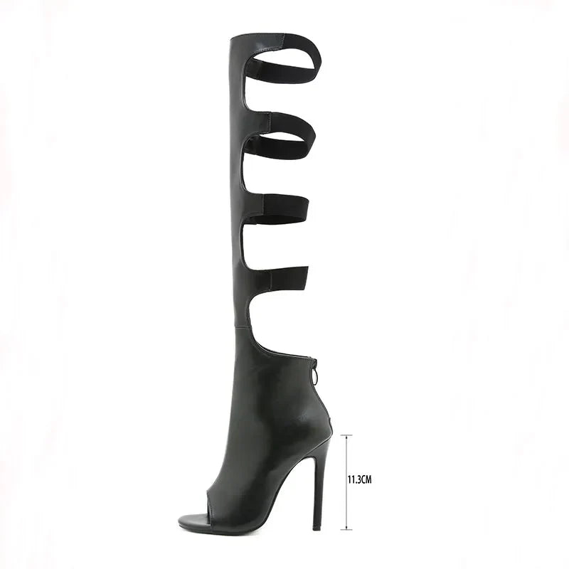 black / 40 Fashion Peep Toe Women Over the Knee Boots Shoes Female Super High Heels Footwear Party Modern Ladies Sandals Boots Shoes Pumps