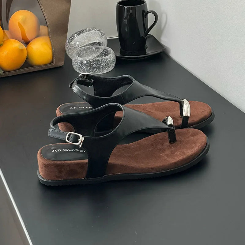 black / 40 Spring Summer Fashion Metal Ladies Wedges Sandals Shoes Female Buckle Strap Women Wedges Sandals Heeled Shoes Flip flops