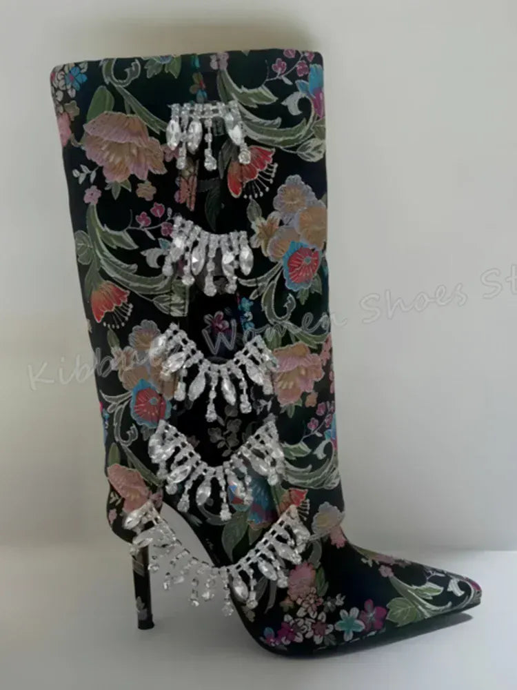 black / 43 / CHINA Embroidery Crystal Knee High Boots Glossy Fashion Elegant Luxury Novelty Concise Slip-On Pointed Toe Thin Heels Women Shoes New