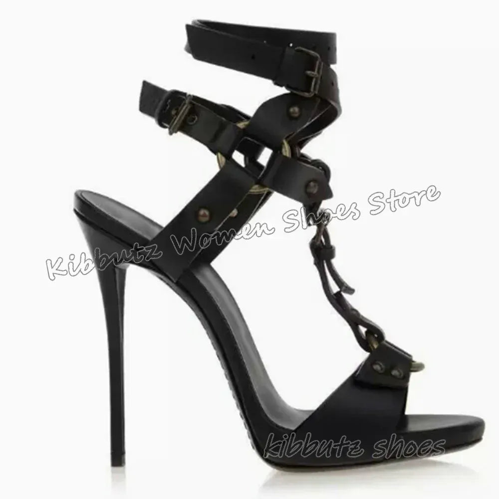 black / 44 Rivets Belt Buckle Sandals Leather Solid Color Fashion Luxury Concise Sexy Women Shoes Round Toe Thin Heels Outdoor Summer New