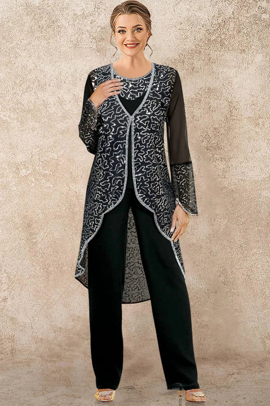black / 4XL Flycurvy Plus Size Mother Of The Bride Black Chiffon Sequin Embroidery Irregular Hem Three Piece Pant Suit