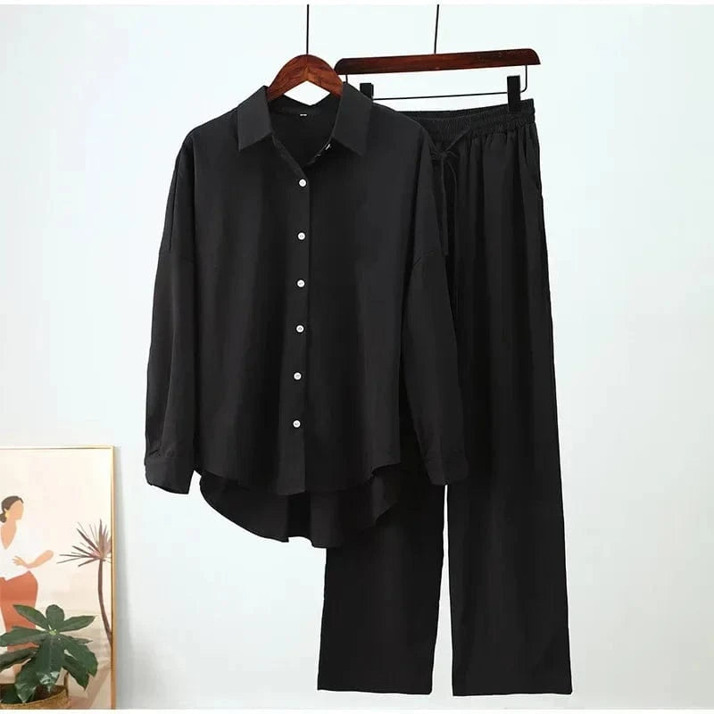 black / 5XL Holiday Wide Leg Pants Set Two Piece Set Women Vintage Boho Maxi Shirt Autumn Casual Loose Work Streetwear Y2k 2025 Outfits