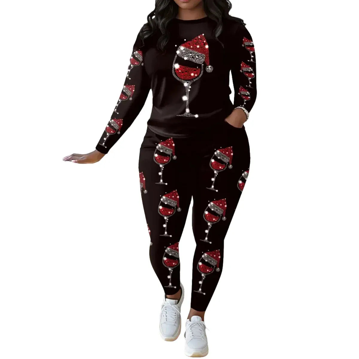 black / 5XL / United States Plus Size Women's Casual Suit, Fashionable Tall Wine Glass Print Two-Piece Set