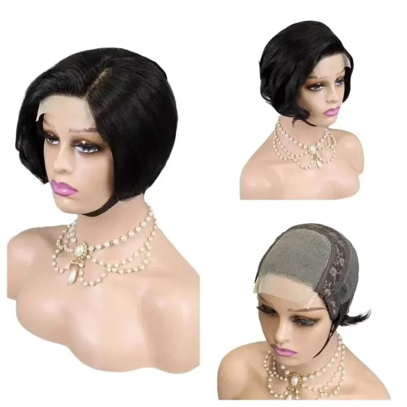 Black / 8 Inches Hot Selling 100% Human Hair Pixie Wig 4*4 Closure Short Cut Straight Style Transparent Lace Front for Black Women