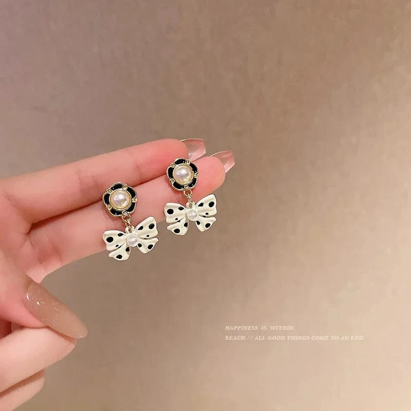 Black and White Polka Dot Bow Earrings Long Style for Women Elegant Trendy Statement Earrings