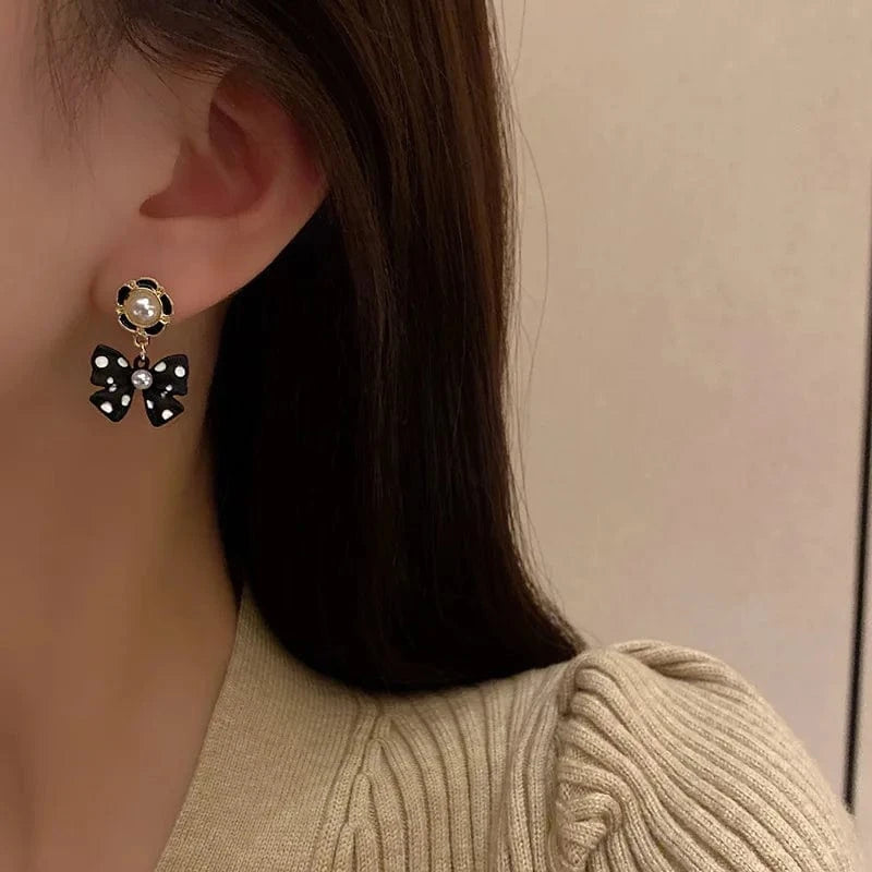 Black and White Polka Dot Bow Earrings Long Style for Women Elegant Trendy Statement Earrings