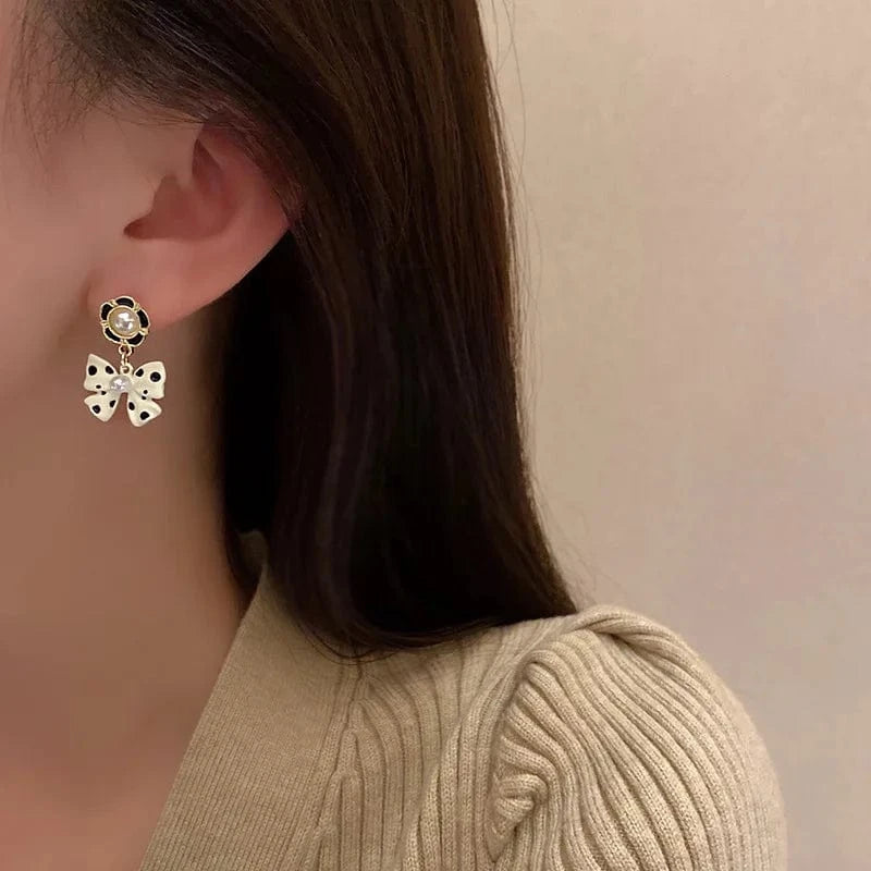 Black and White Polka Dot Bow Earrings Long Style for Women Elegant Trendy Statement Earrings