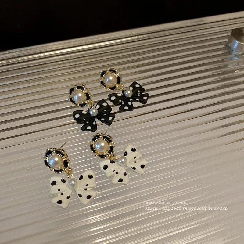 Black and White Polka Dot Bow Earrings Long Style for Women Elegant Trendy Statement Earrings