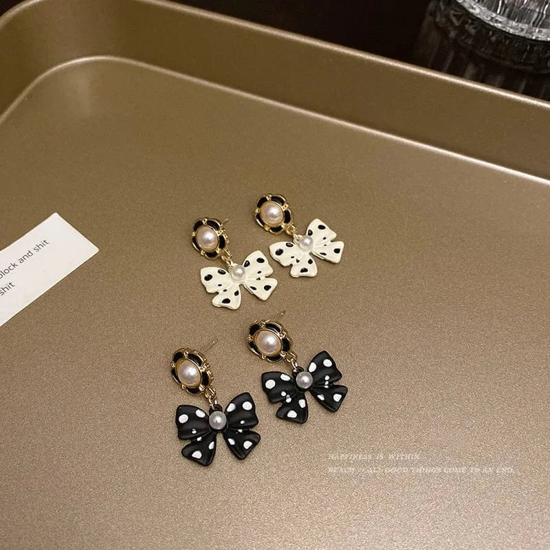 Black and White Polka Dot Bow Earrings Long Style for Women Elegant Trendy Statement Earrings