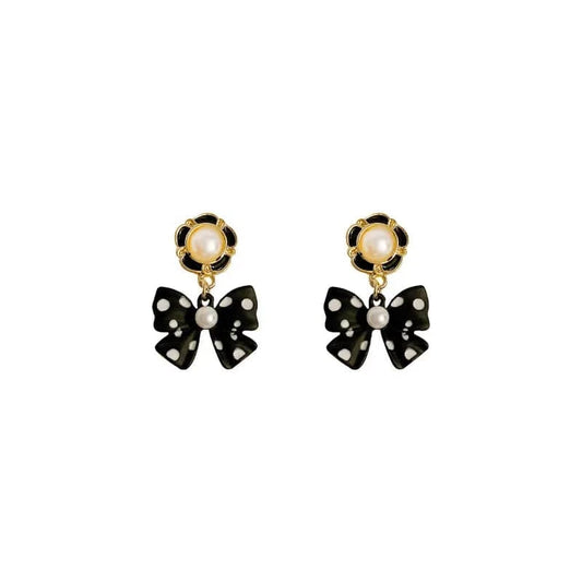 Black and White Polka Dot Bow Earrings Long Style for Women Elegant Trendy Statement Earrings