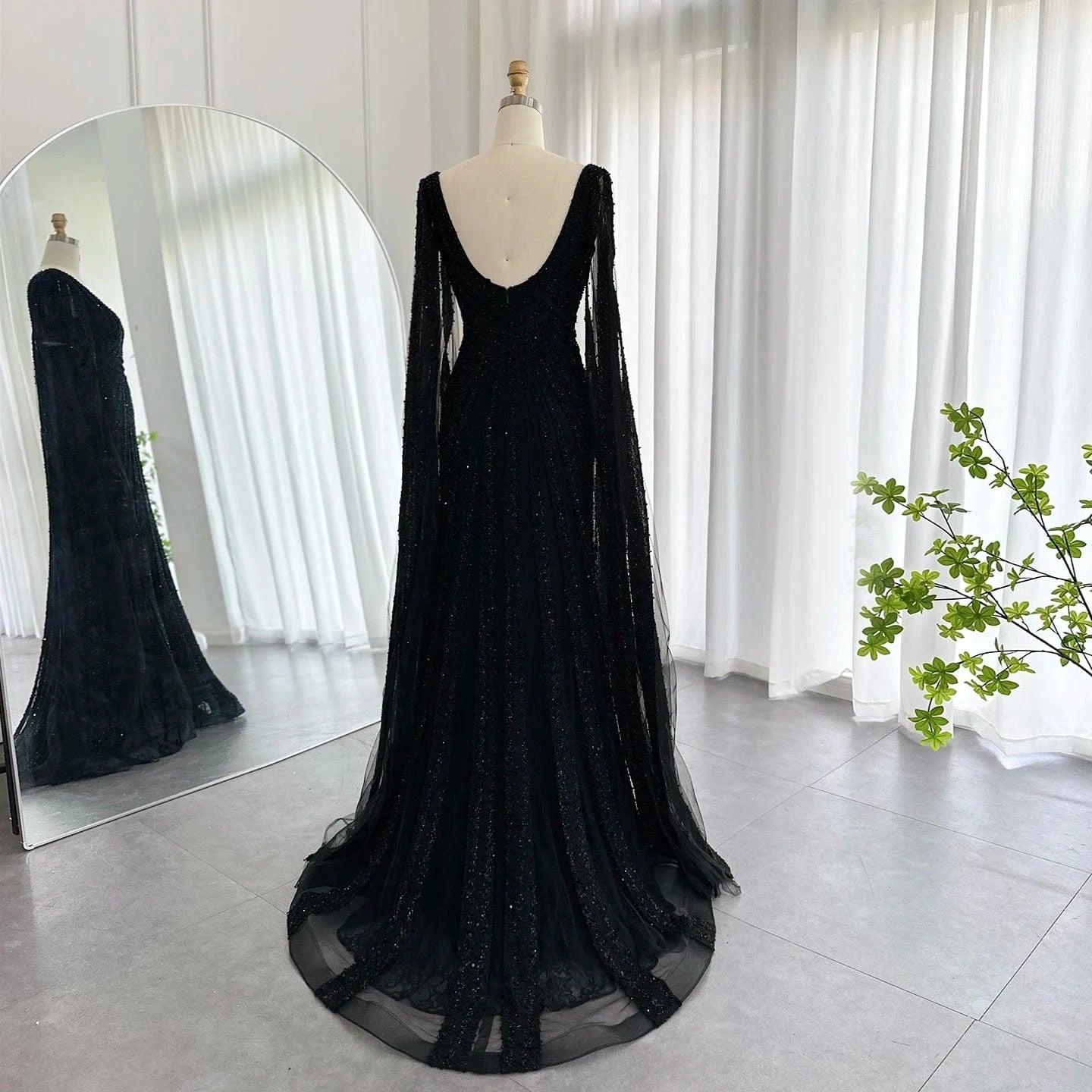 Black Arabic Mermaid Evening Dresses With Cape Sleeves 2023 Luxury Beaded Dubai For Women Wedding Party Gowns Sz218