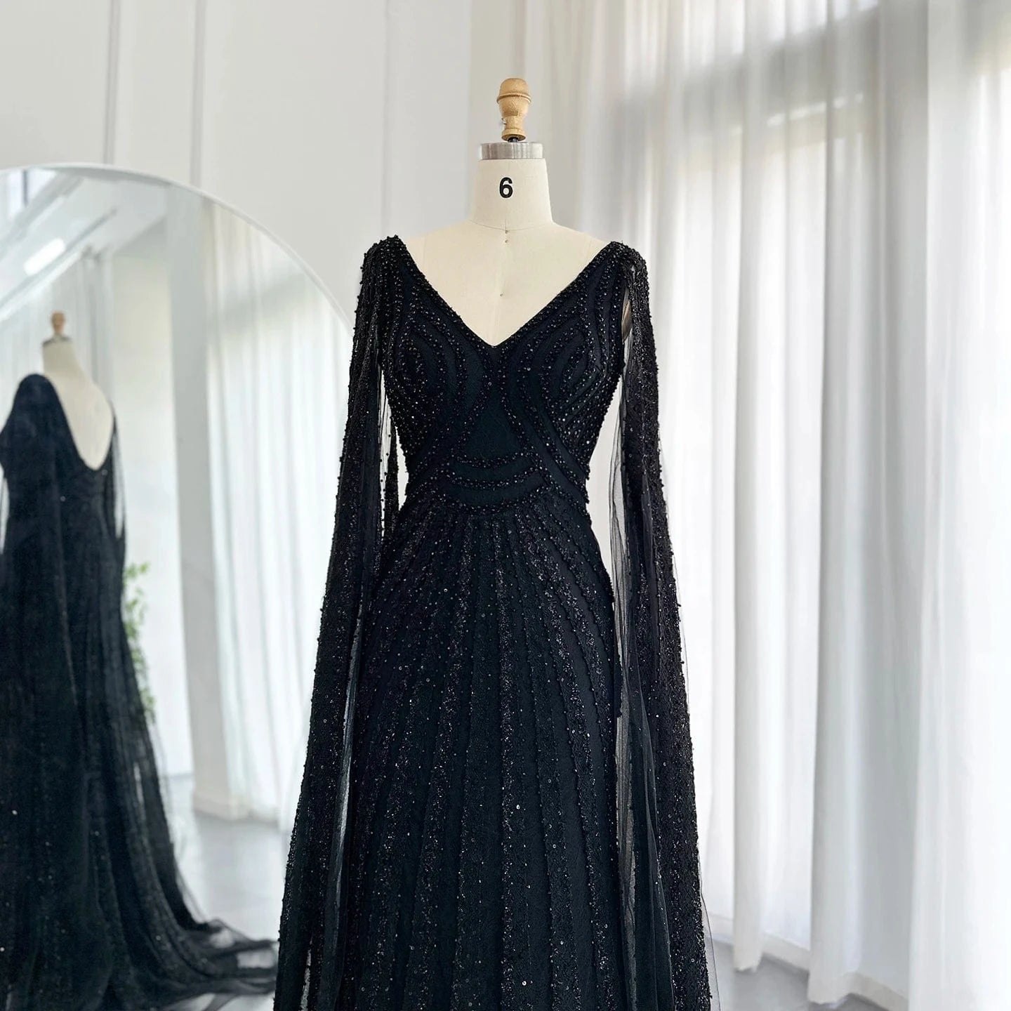Black Arabic Mermaid Evening Dresses With Cape Sleeves 2023 Luxury Beaded Dubai For Women Wedding Party Gowns Sz218