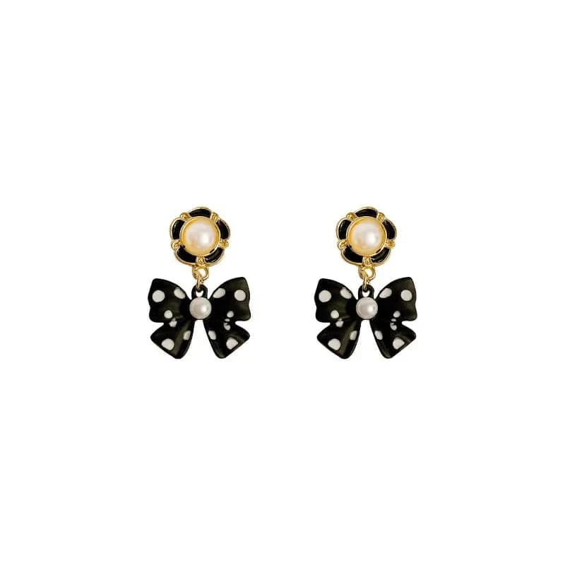 Black Black and White Polka Dot Bow Earrings Long Style for Women Elegant Trendy Statement Earrings