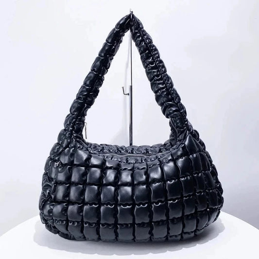 Black Casual Puffer Bags For Women Luxury Designer Handbags Purses 2024 New In PU Embroidery Large Capacity Half Moon Shoulder