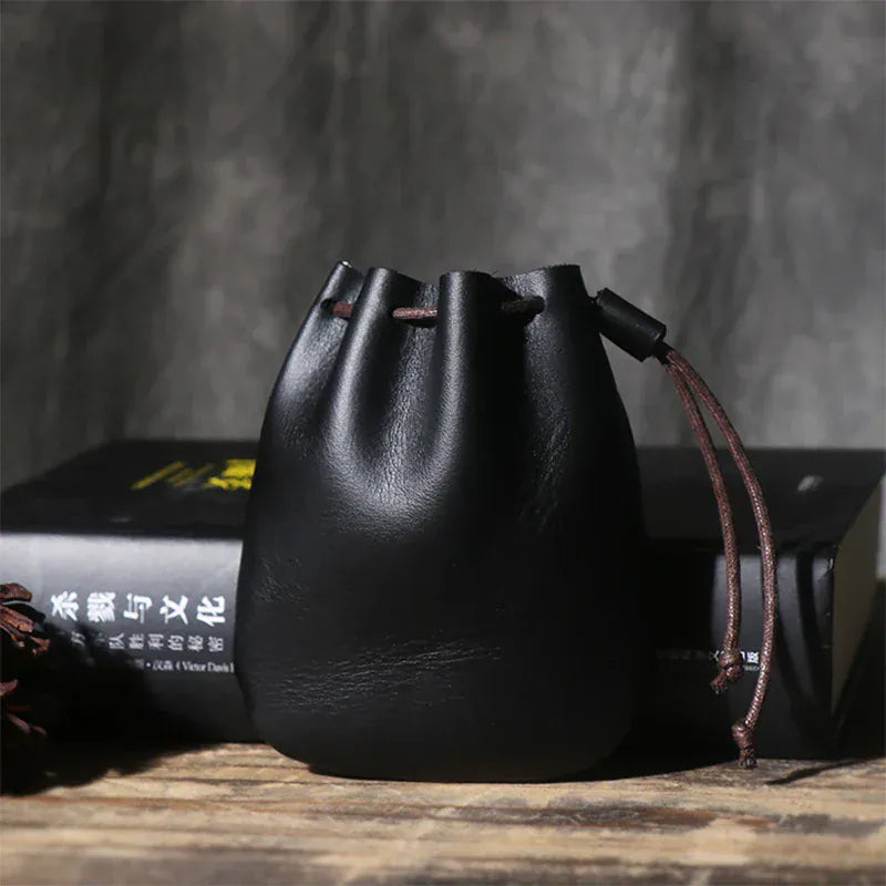 Black / CHINA LUOKIR Men's Genuine Leather Coin Purse Simple Vintage Small Card Bag Women's Cowhide Wallet Keys Money Drawstring Storage Bags