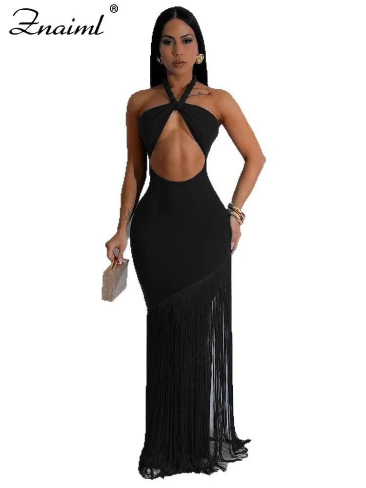 black dress / S Znaiml Sexy Halter Backless Tassel Bodycon Blue Maxi Dress for Women Elegant Celebrity Birthday Party Evening Prom Formal Robe