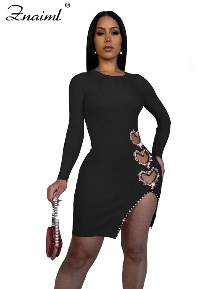 black dress / S Znaiml Sparkly Diamonds Heart-shaped Love Birthday Dresses for Women Night Party Long Sleeve Side Slit Bodycon Mini Vestidos