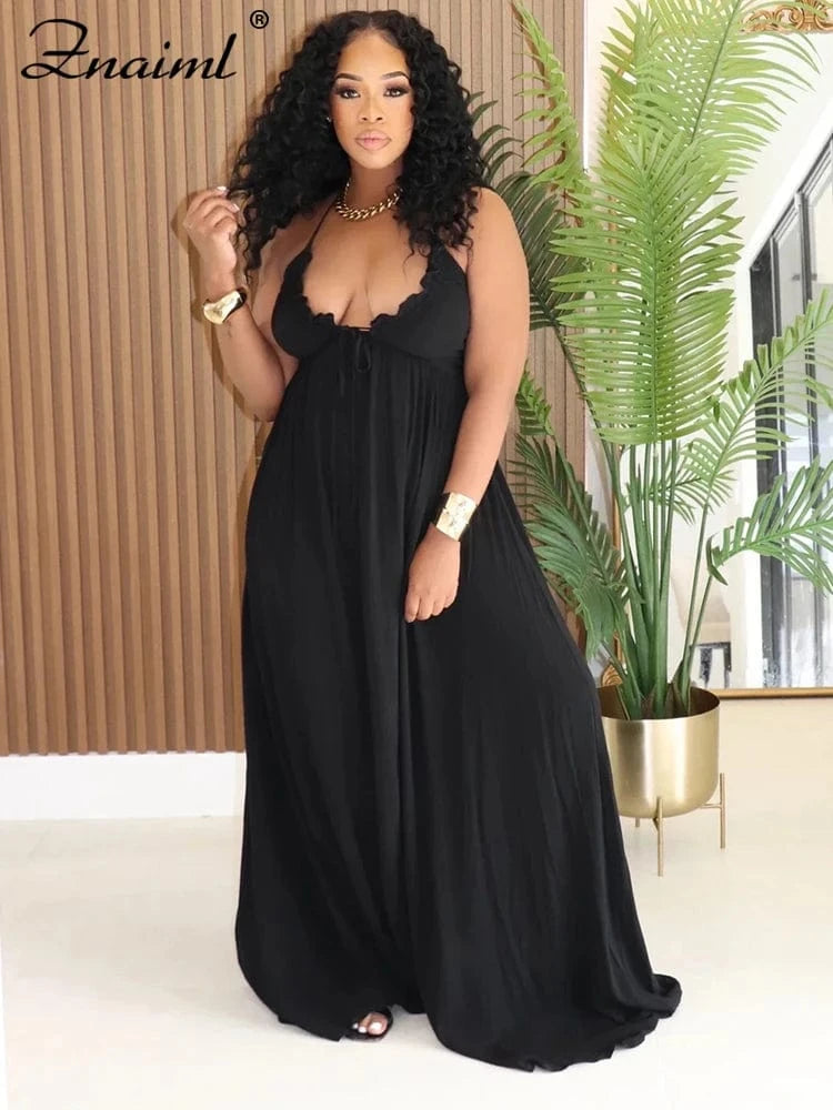 black dress / S Znaiml Women's Halter Sleeveless Backless Deep V-neck A-Line Long Dress for Autumn Vacation Sexy Party Birthday Evening Vestidos