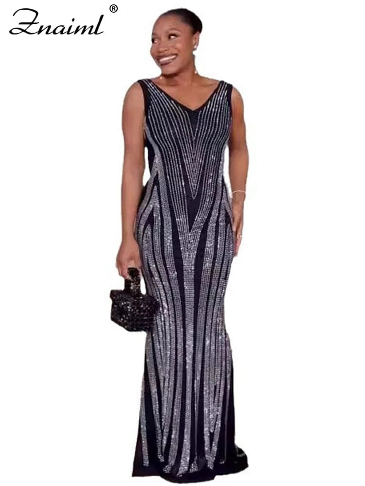 black dress / XXL Znaiml Luxury Black Evening Party Dresses Sexy Festival Show Birthday Special Ocassion Women Rhinestone Sleeveless Slim Vestidos