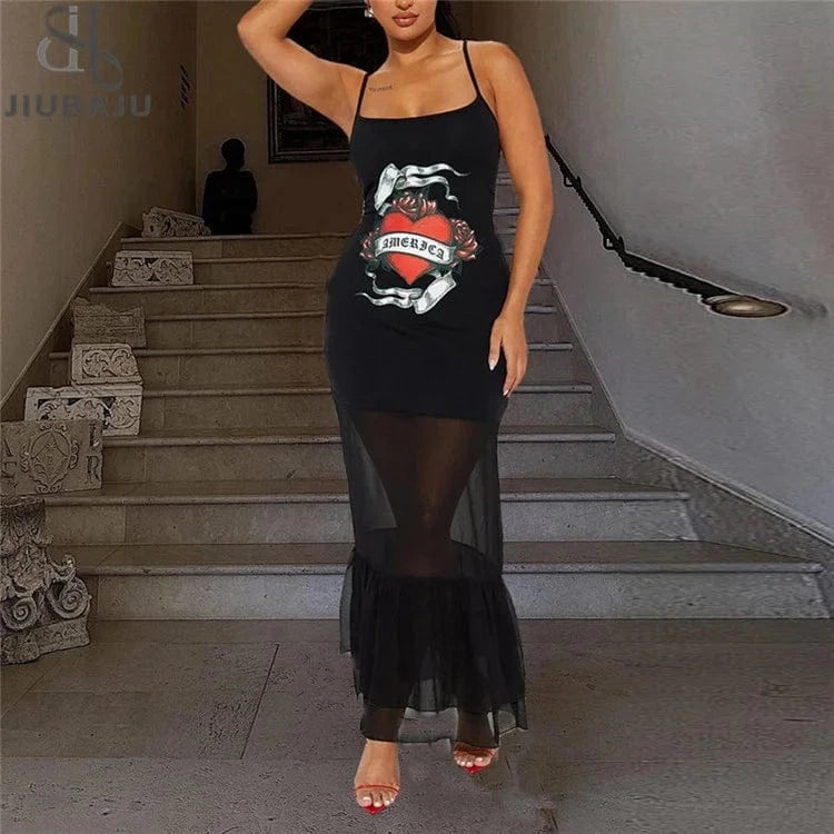 Black Elegant Party Evening Maxi Dresses for Women 2024 Mesh Patchwork Sexy Backless Ruched Long Bodycon Dress