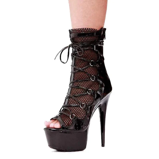 Black fish mouth hollow lace up short boots 15 cm thin heel thick bottom 6 inch Club high-heeled sandals
